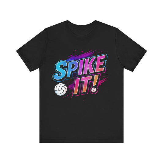 Unisex black t-shirt with bold Spike It volleyball graphic