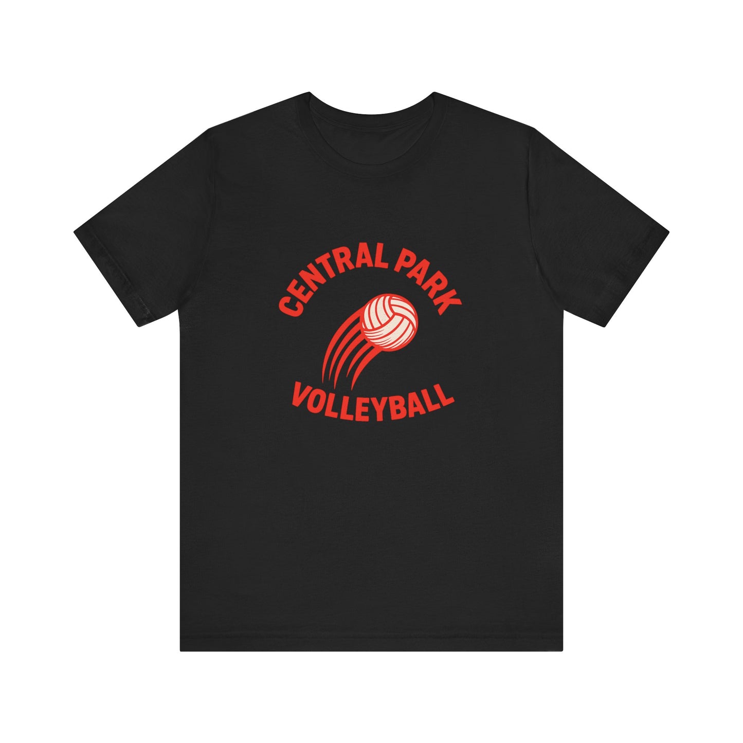 Close-up of fire volleyball graphic on black tee.