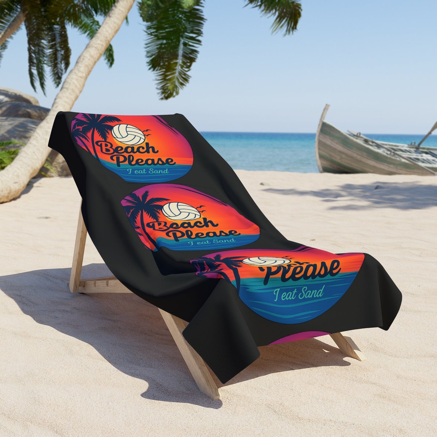 Volleyball player relaxing on I Eat Sand beach towel during summer.