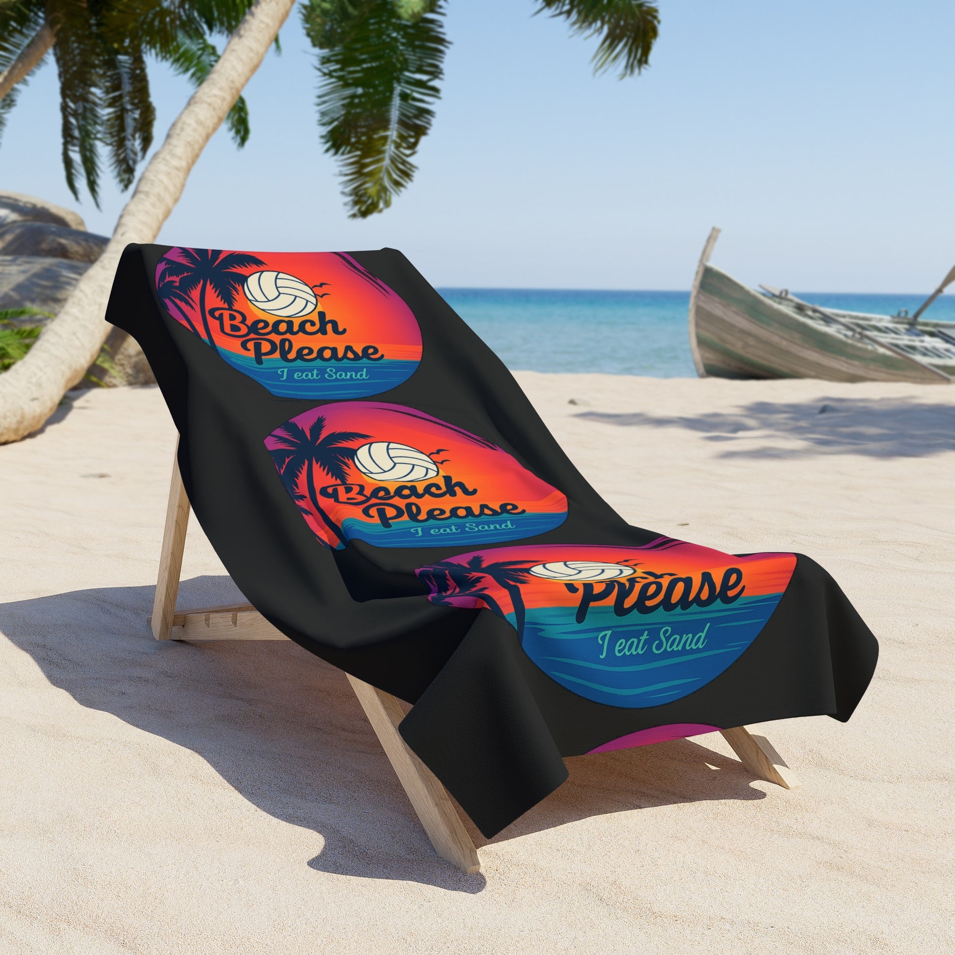 Volleyball player relaxing on I Eat Sand beach towel during summer.