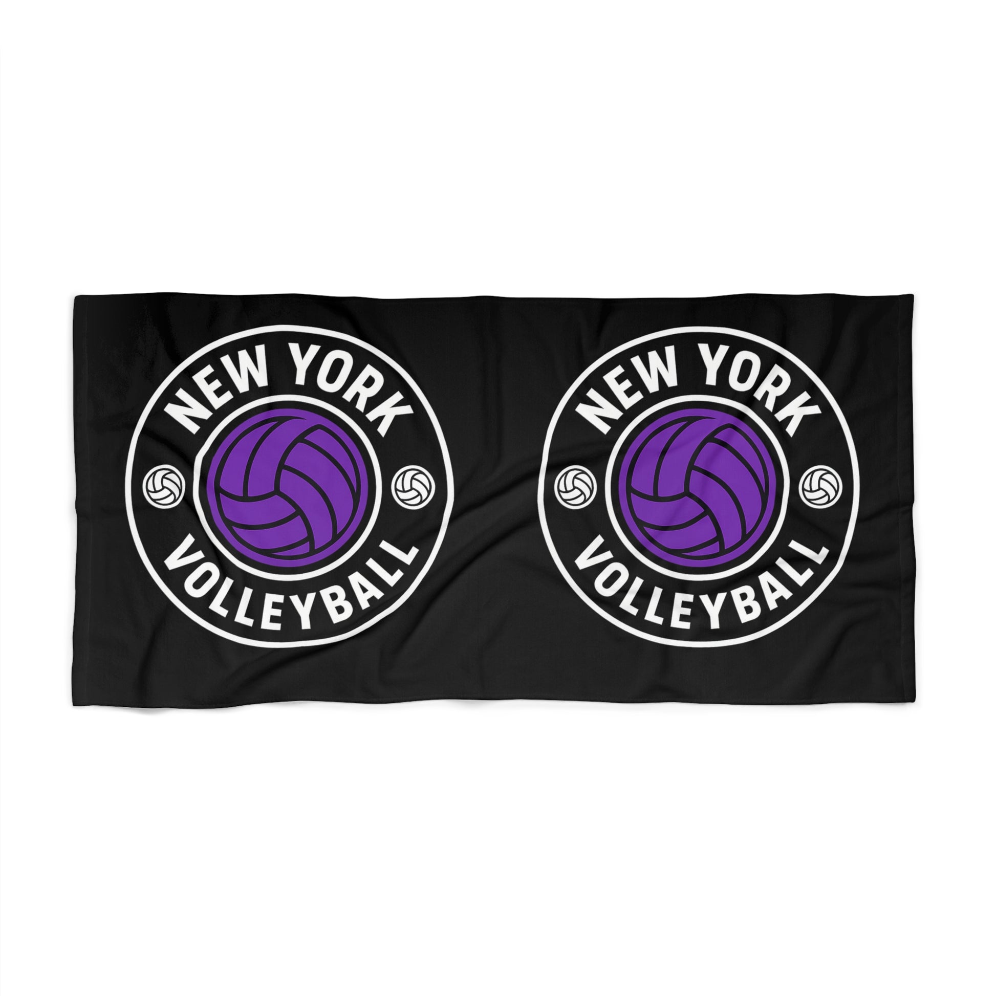 Flat lay of New York Volleyball Towel showing bold purple volleyball graphic