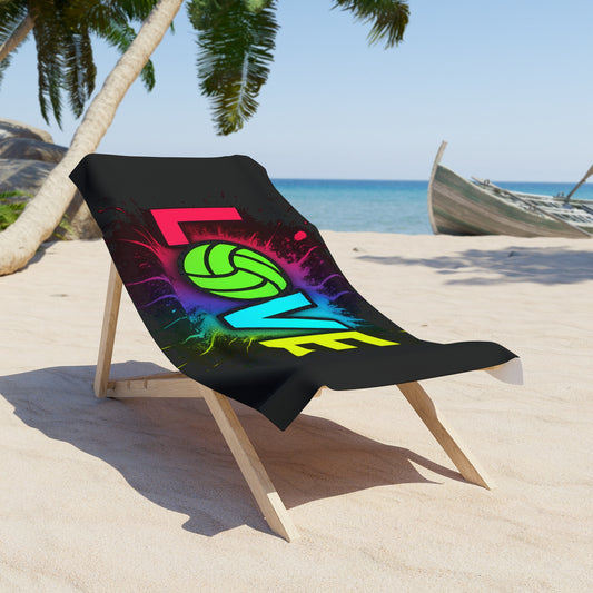 Love Volleyball neon beach towel with colorful graphic design on sand