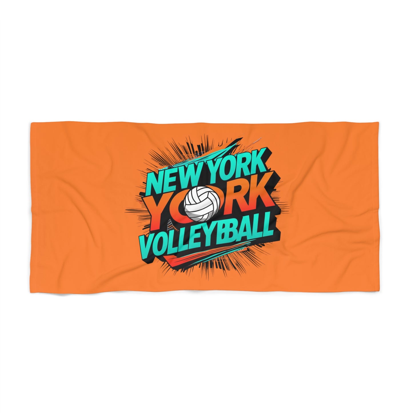 Vibrant New York Volleyball beach towel with teal and orange typography.
