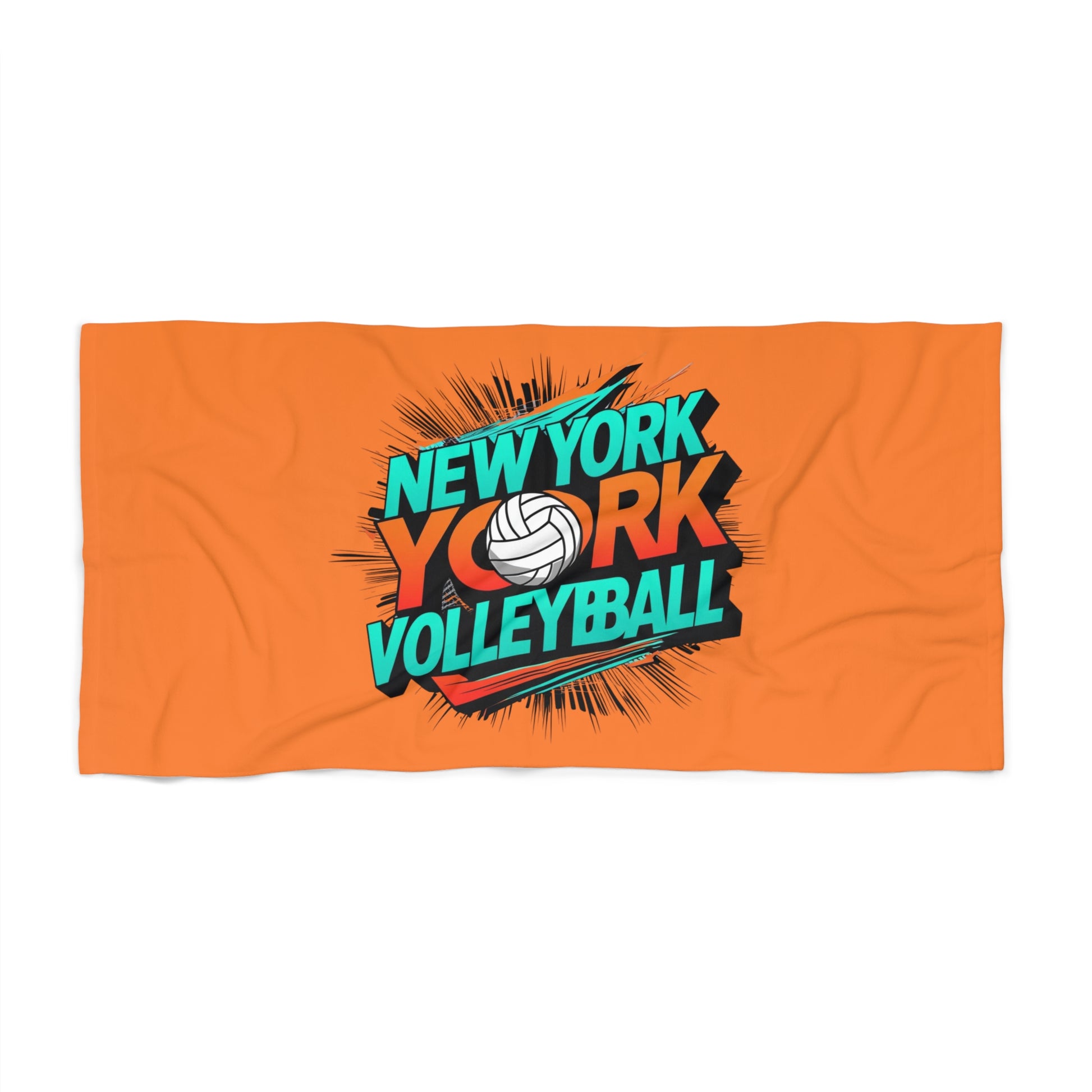 Vibrant New York Volleyball beach towel with teal and orange typography.
