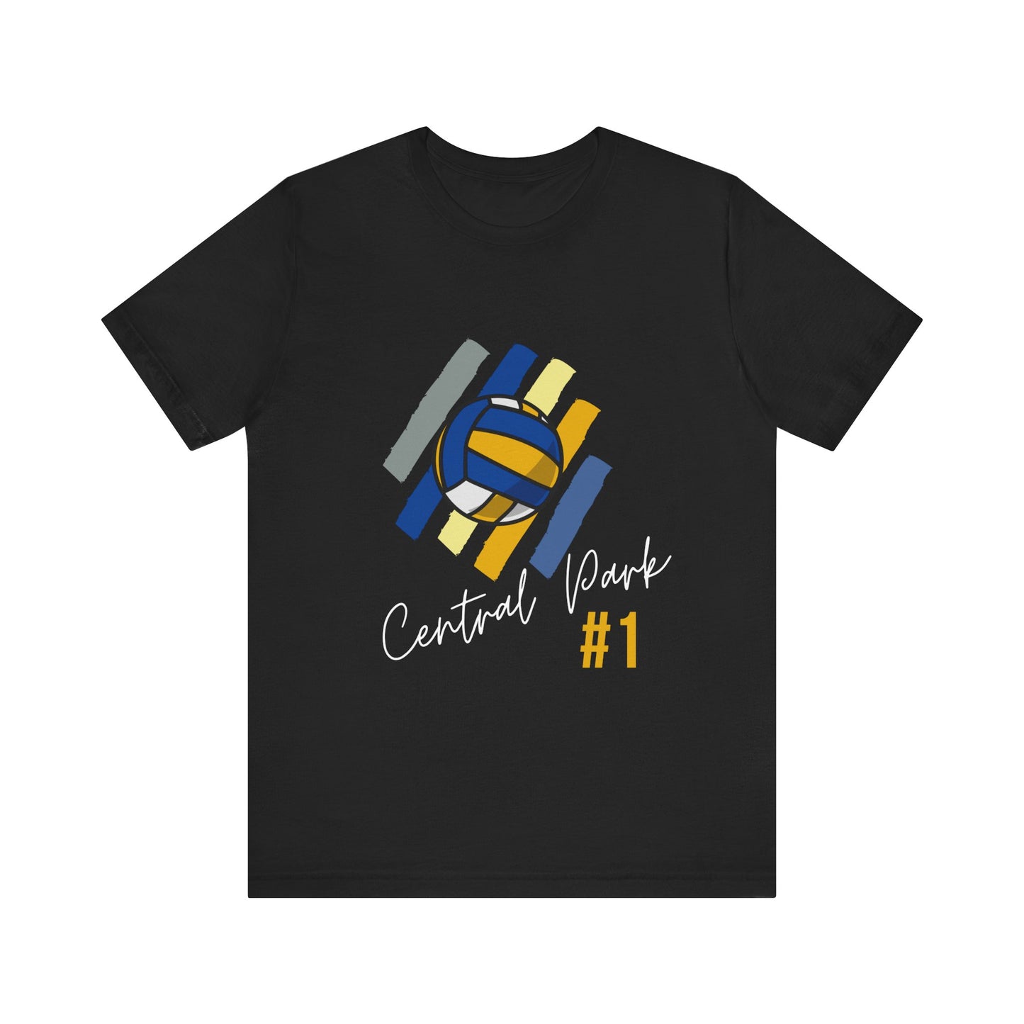 Central Park Volleyball #1 Tee front view, multi-color design