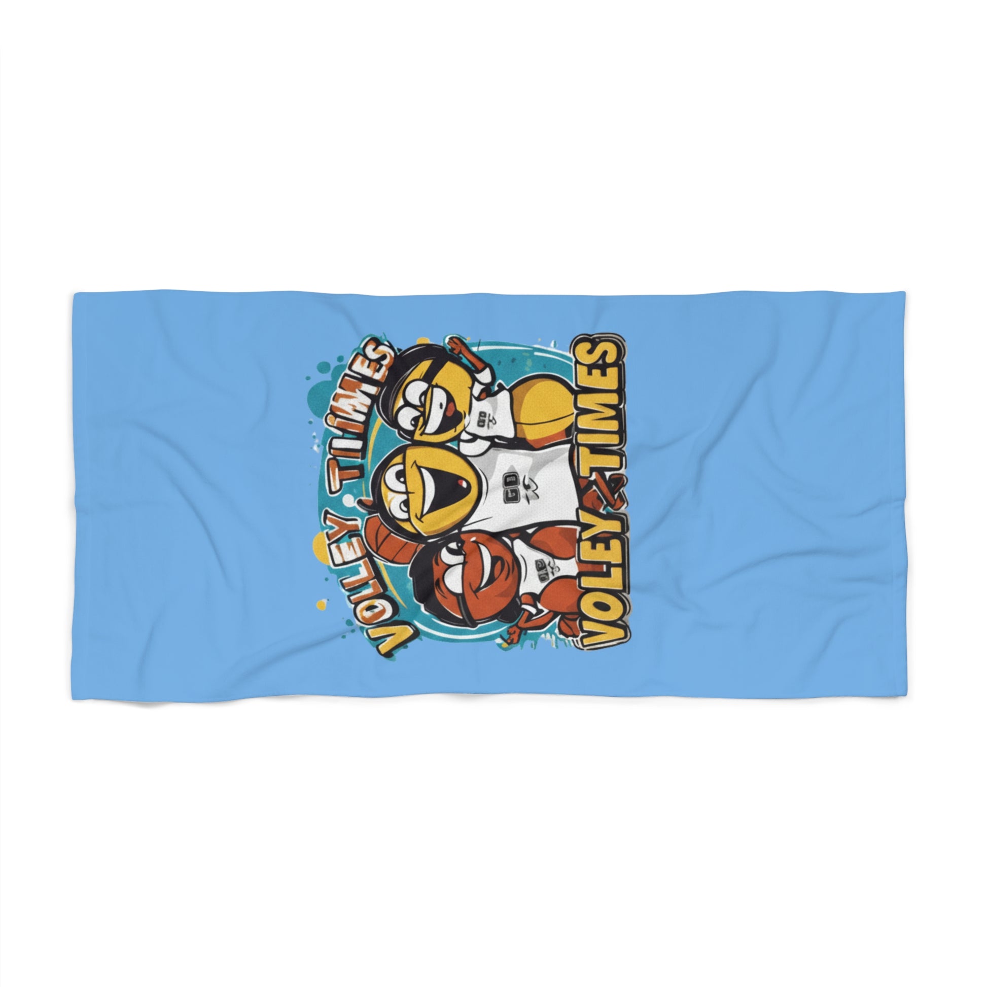 Fun volleyball beach towel featuring smiling characters