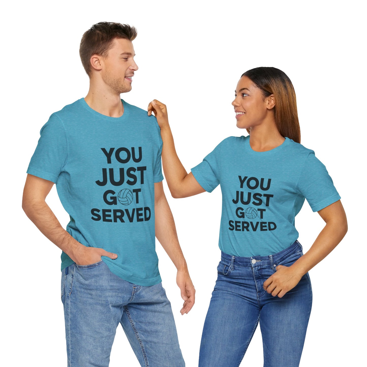 Volleyball team repping You Just Got Served shirts during warm-up.