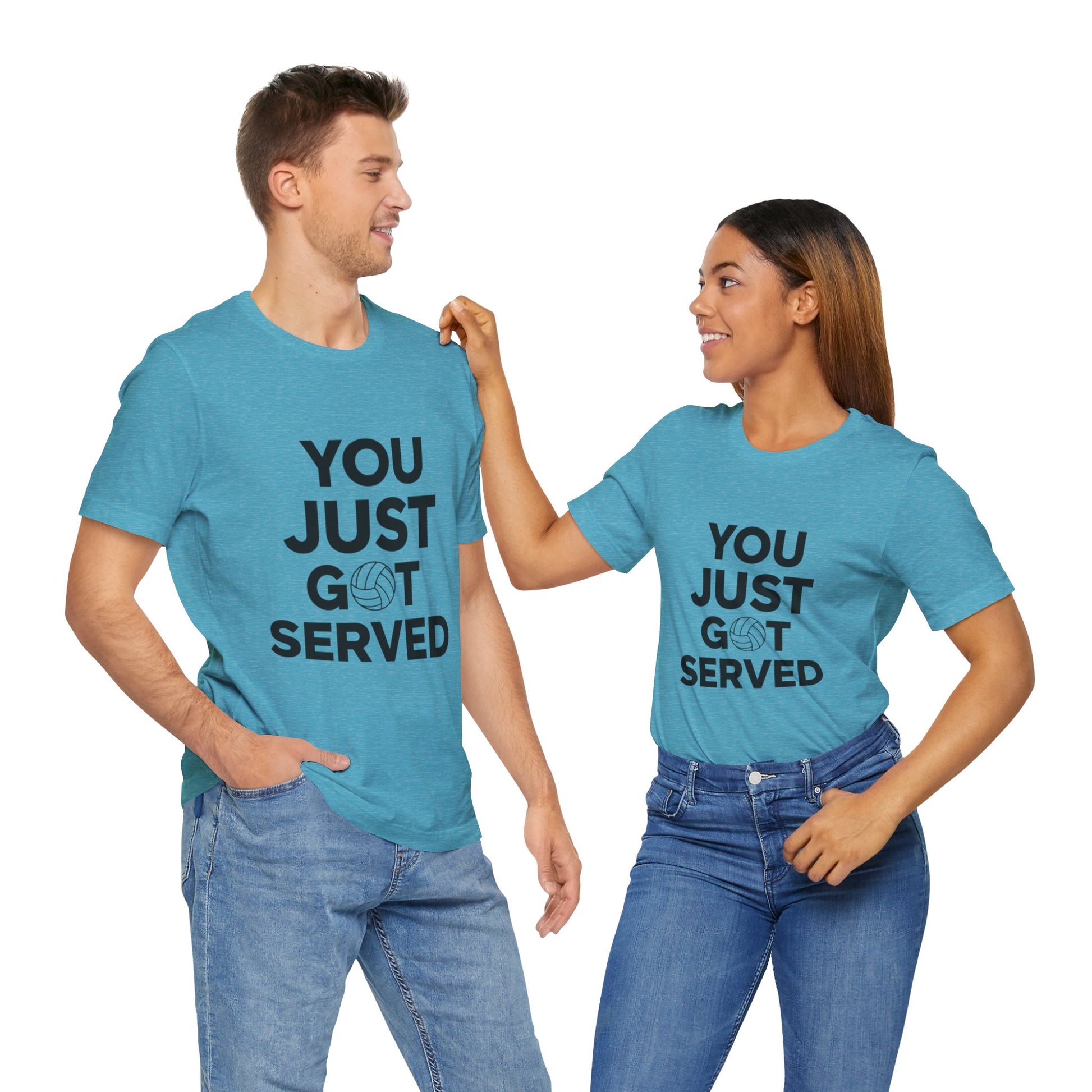 Volleyball team repping You Just Got Served shirts during warm-up.
