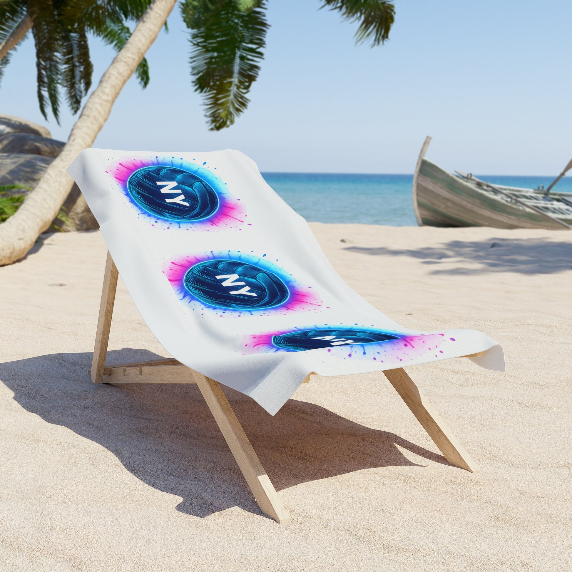 NYV volleyball towel laid flat, perfect for beach or gym use.