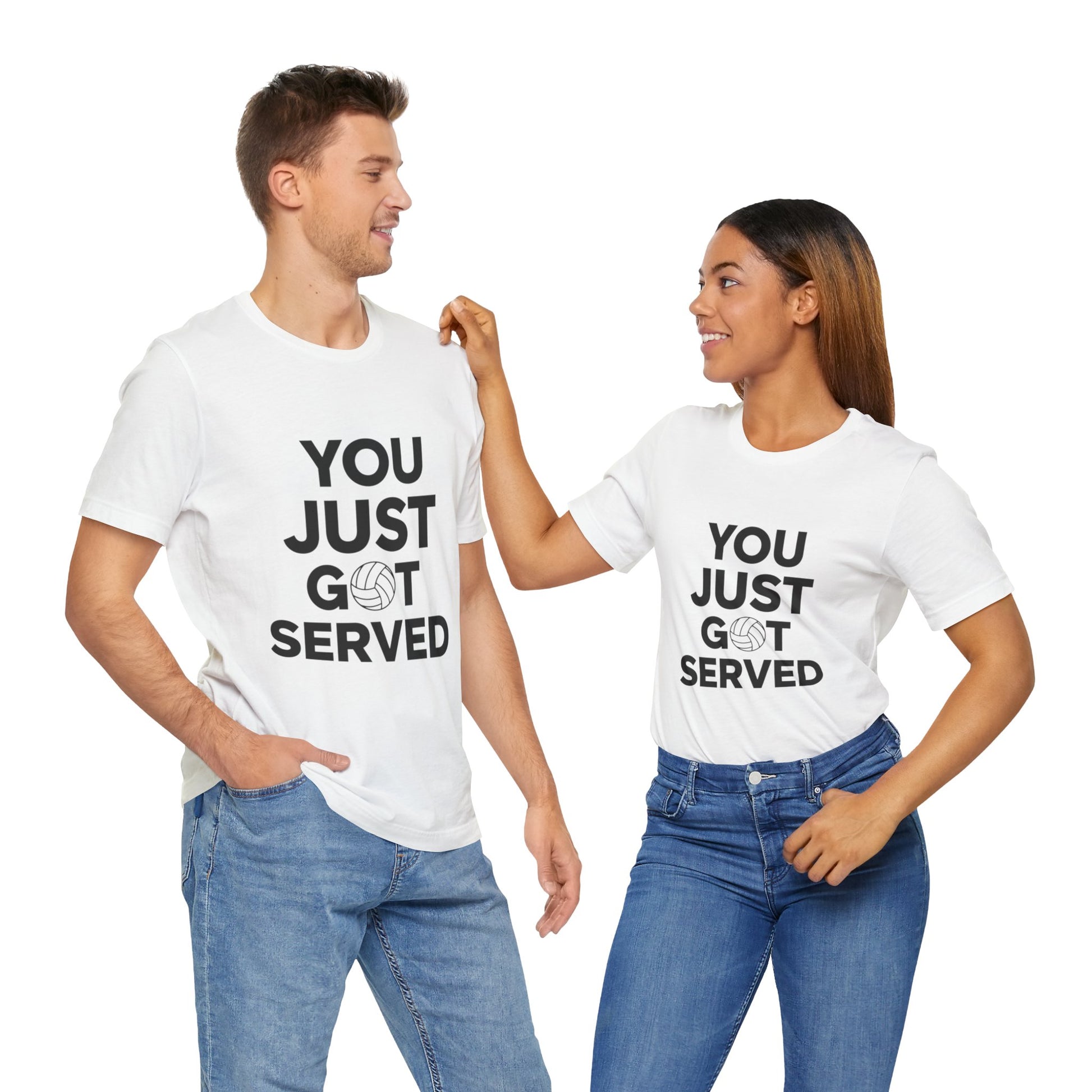 Close-up of bold “You Just Got Served” design on a volleyball tee.