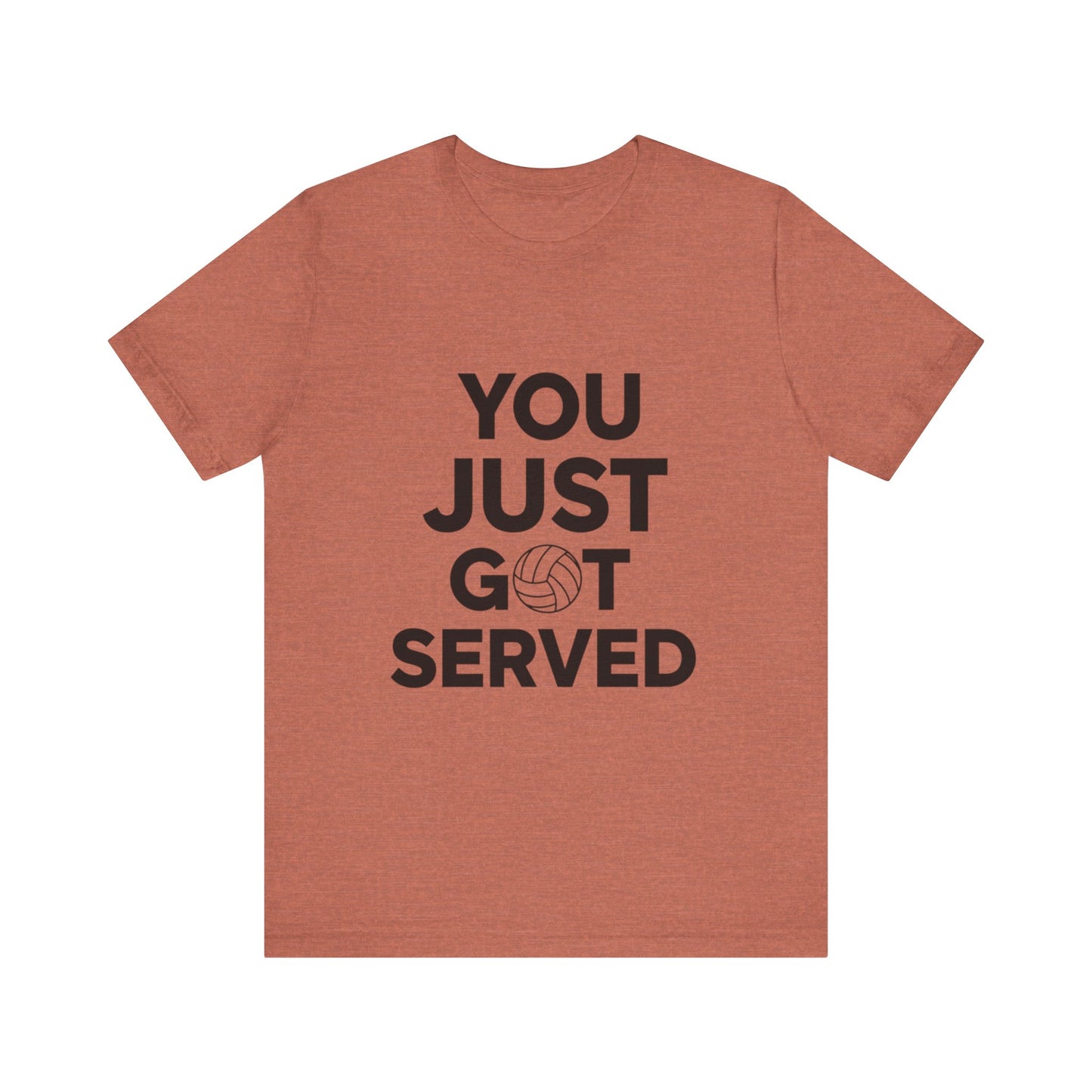 Beach volleyball player serving while wearing You Just Got Served shirt.