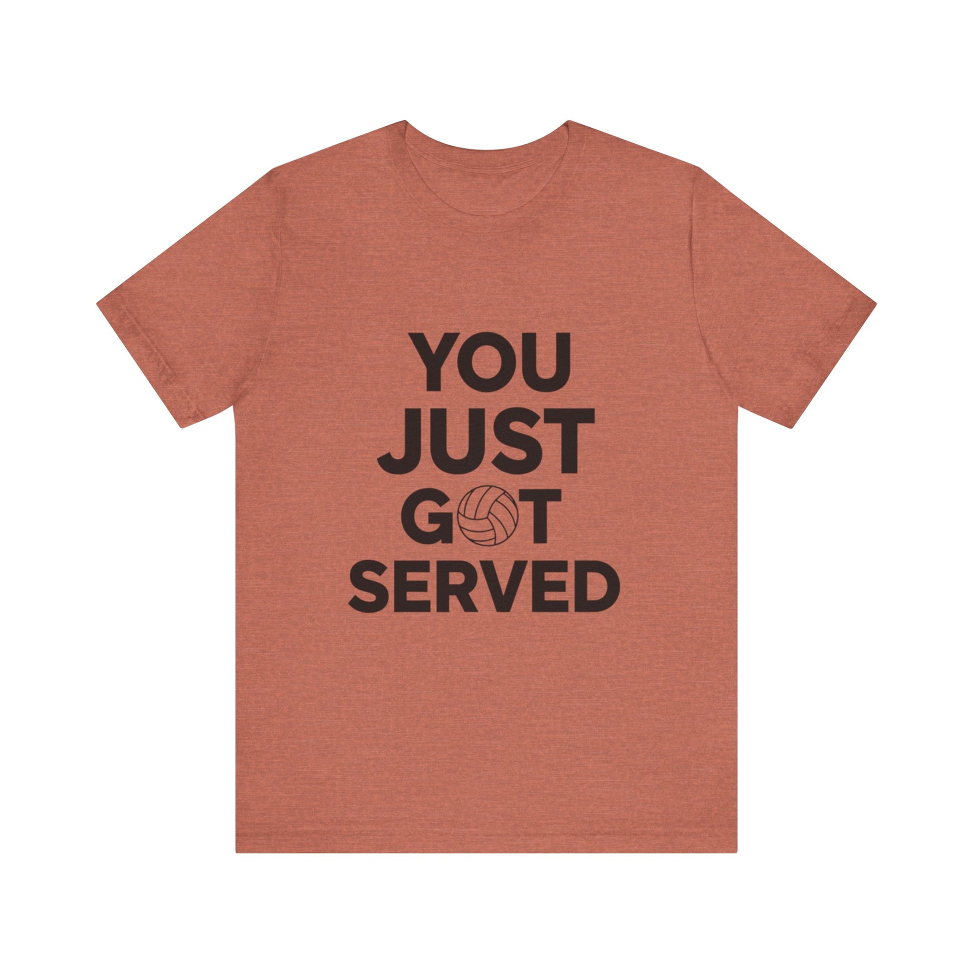 Beach volleyball player serving while wearing You Just Got Served shirt.
