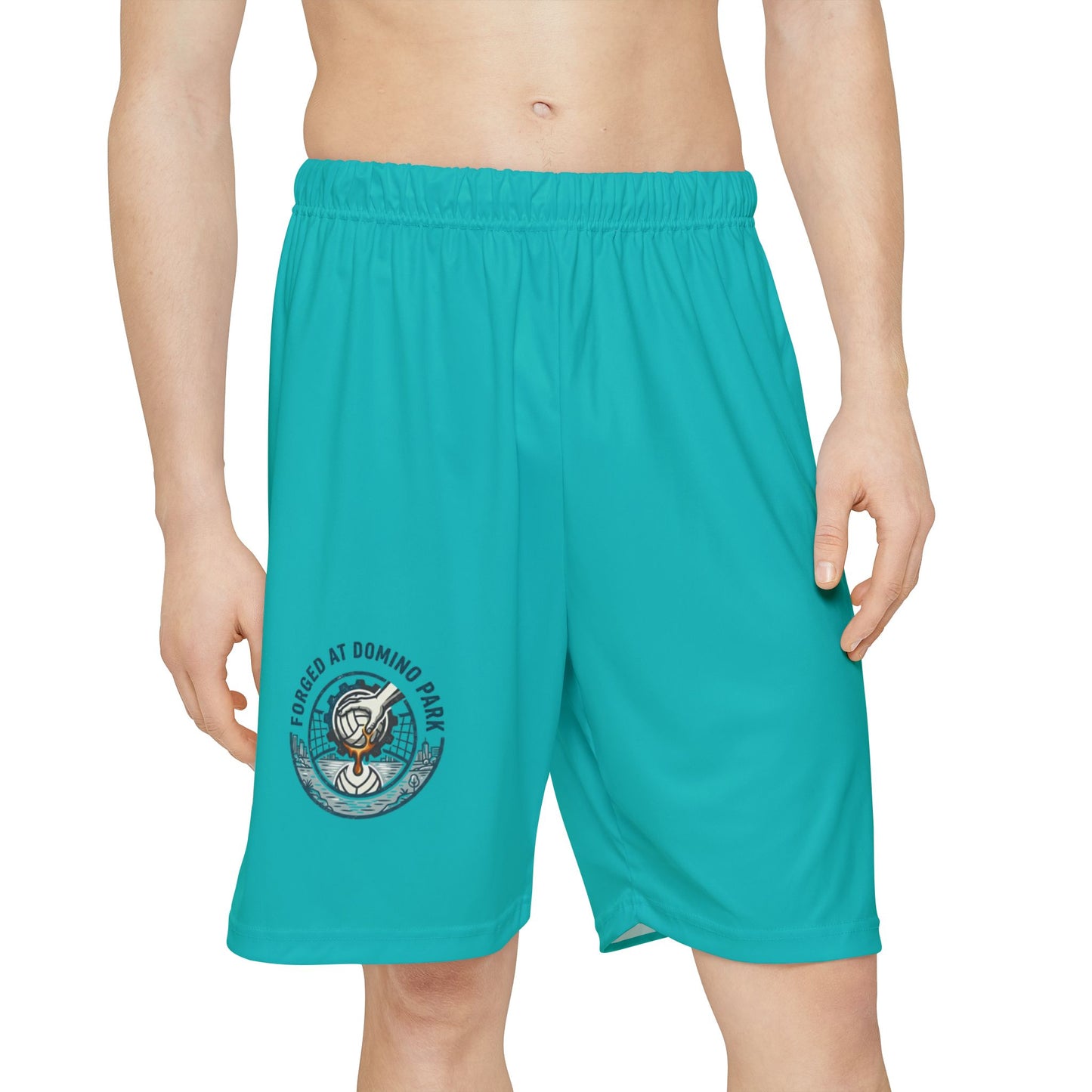 Athletic volleyball shorts with bold statement graphic