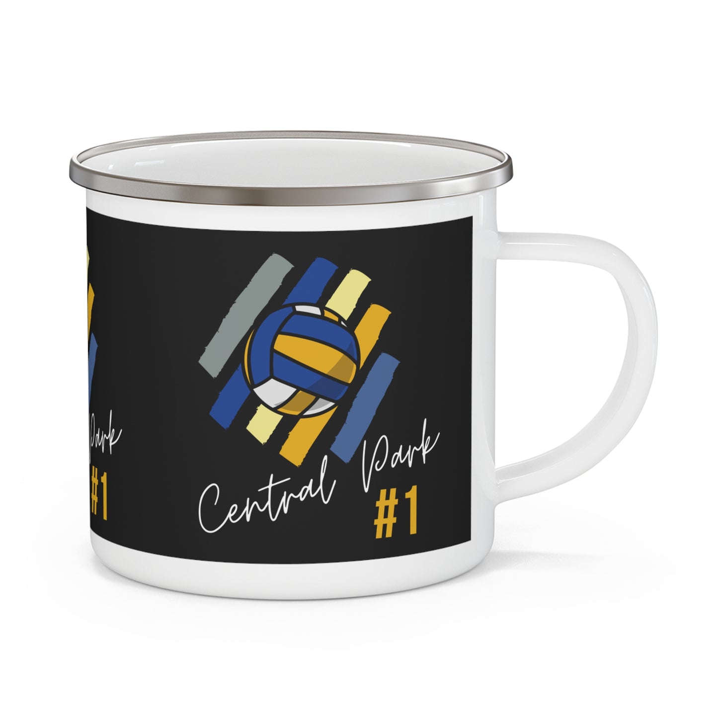 Side view of enamel mug showing volleyball #1 graphic