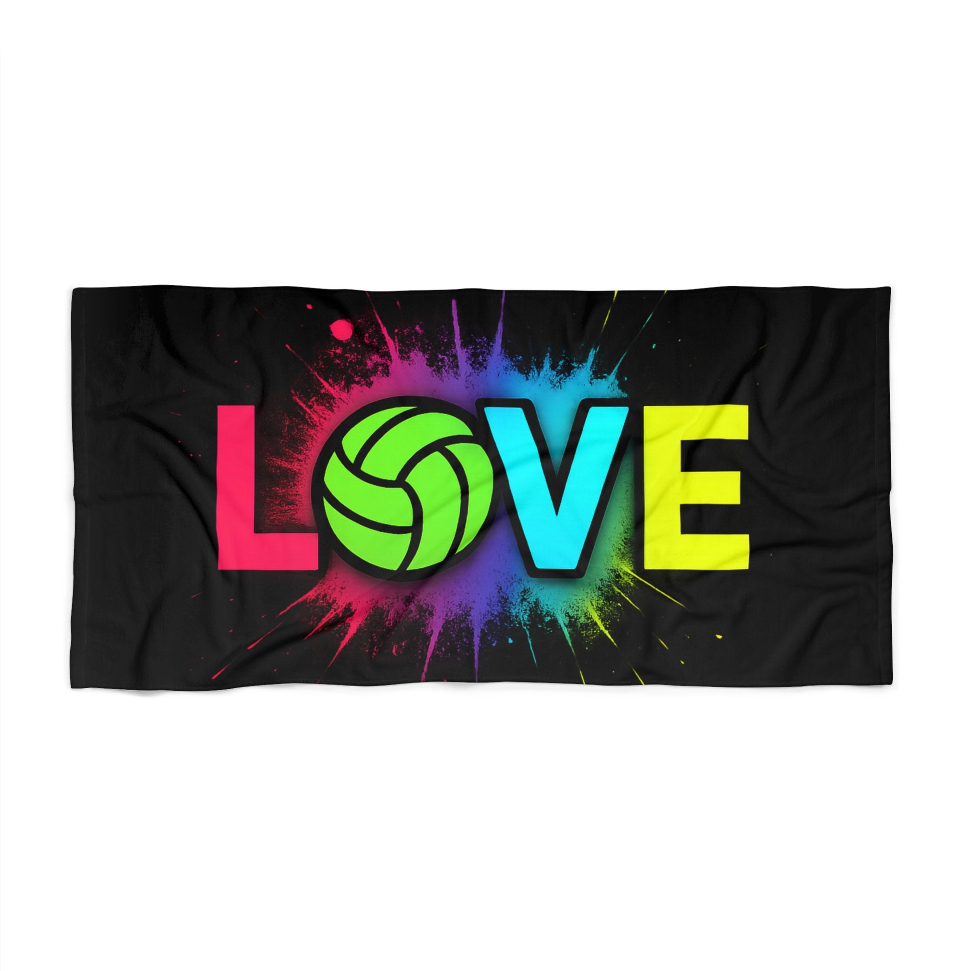 Volleyball-themed neon towel displayed poolside with bold LOVE motif