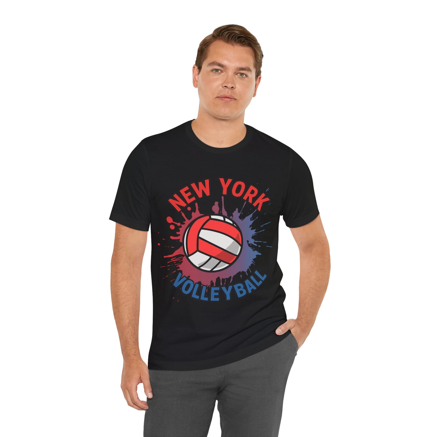 Unisex volleyball tee featuring New York text and colorful splash background