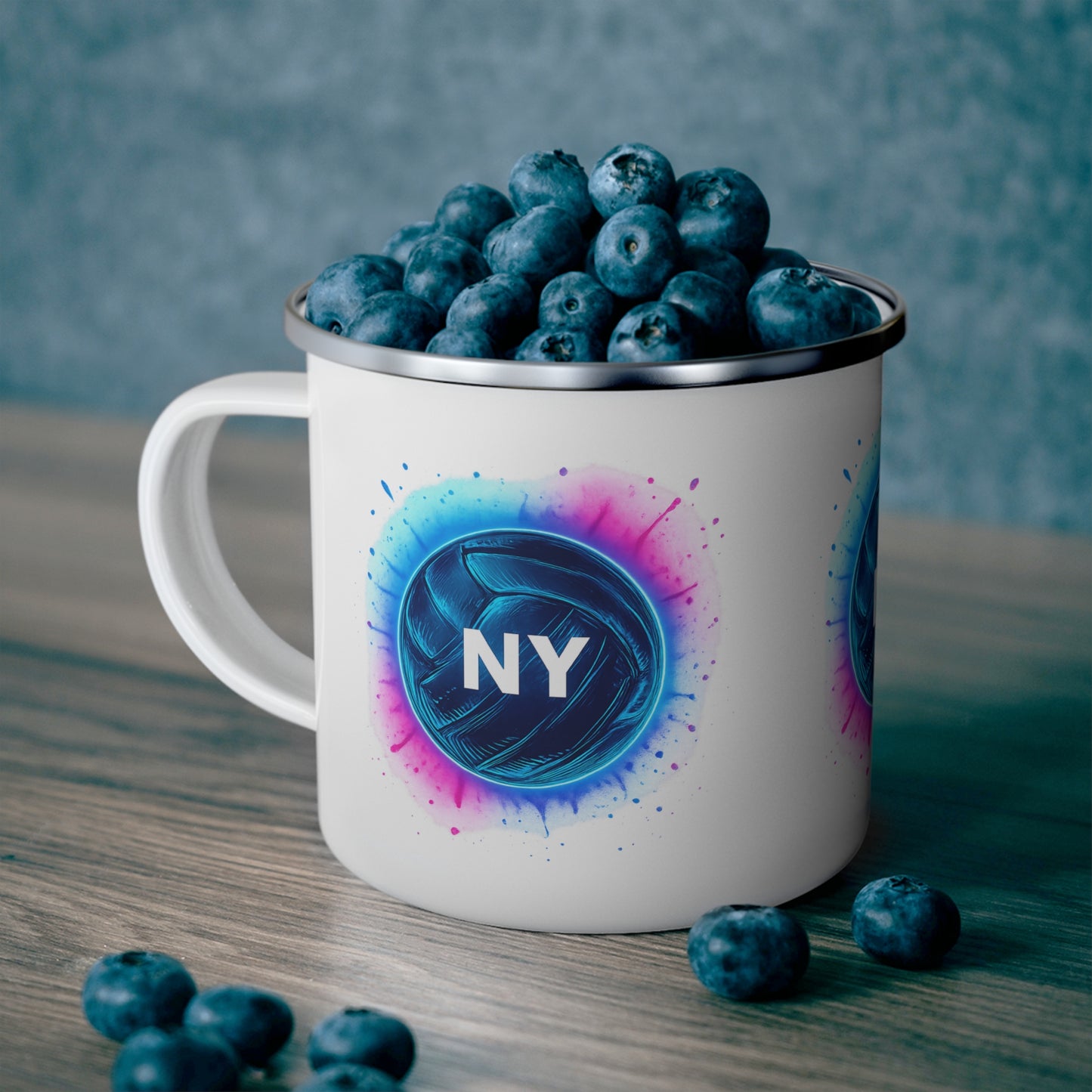 White enamel mug celebrating New York volleyball spirit