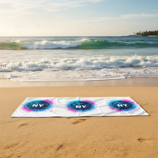 White beach towel featuring bold New York Volleyball logo design.