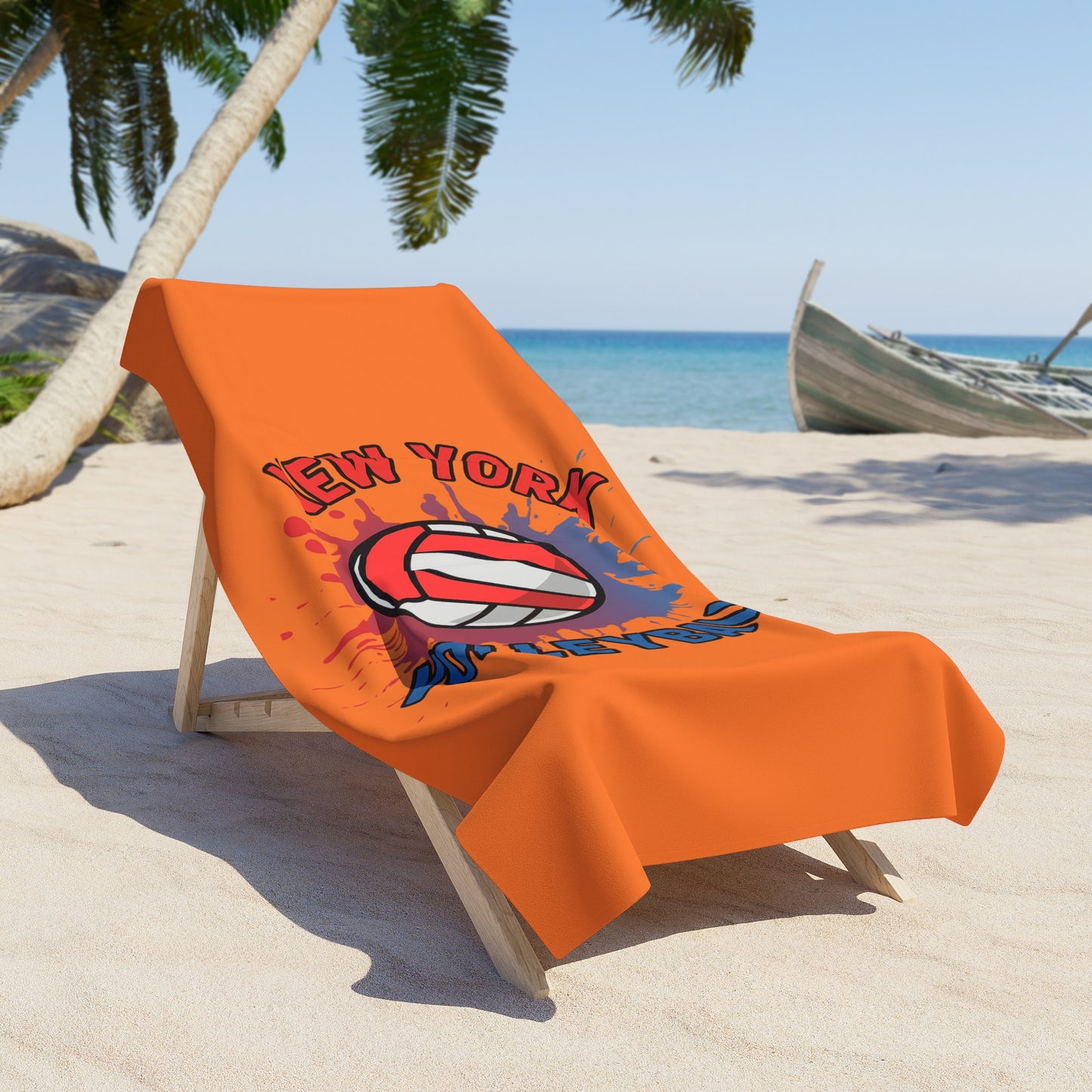 Close-up of colorful volleyball design on New York Towel