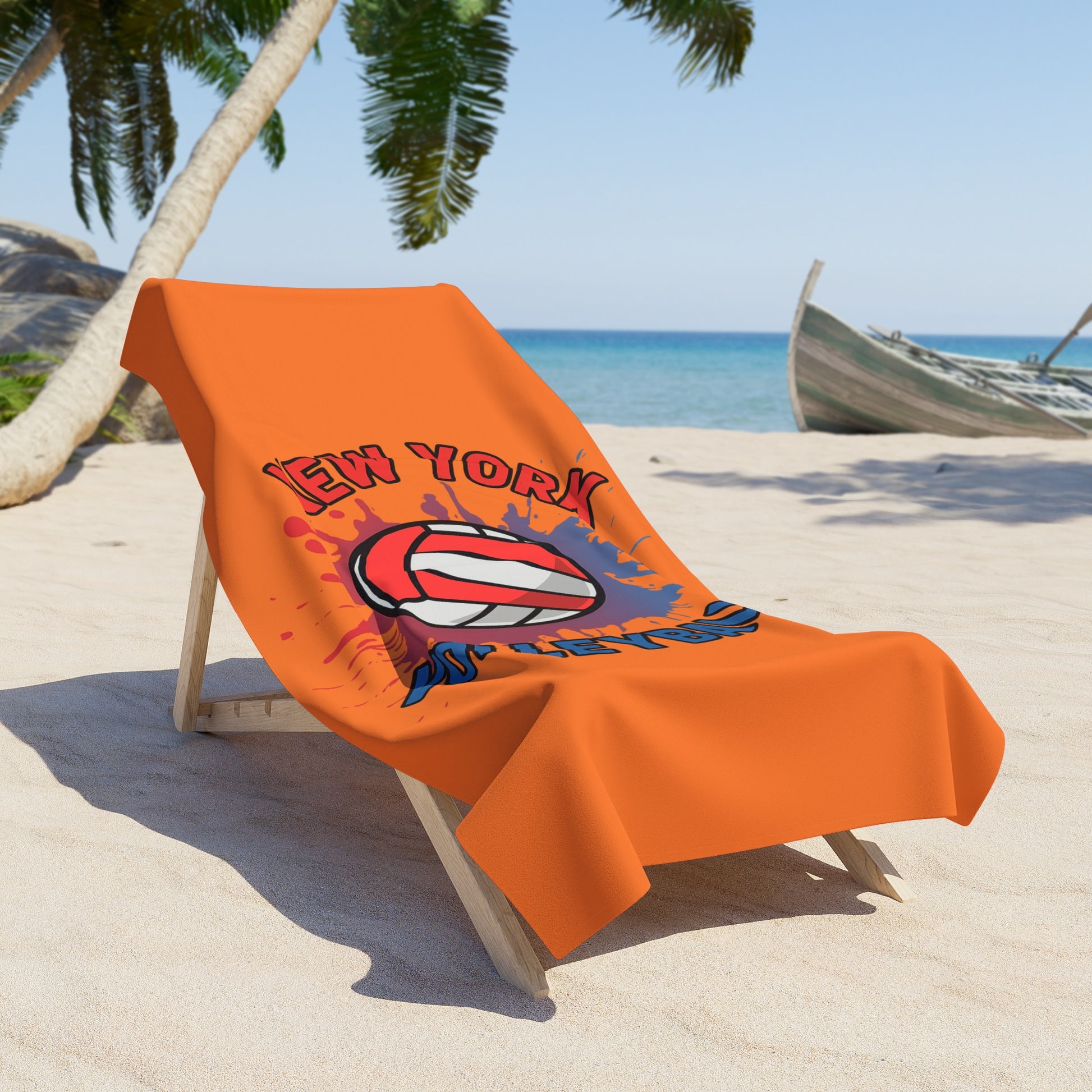 Close-up of colorful volleyball design on New York Towel