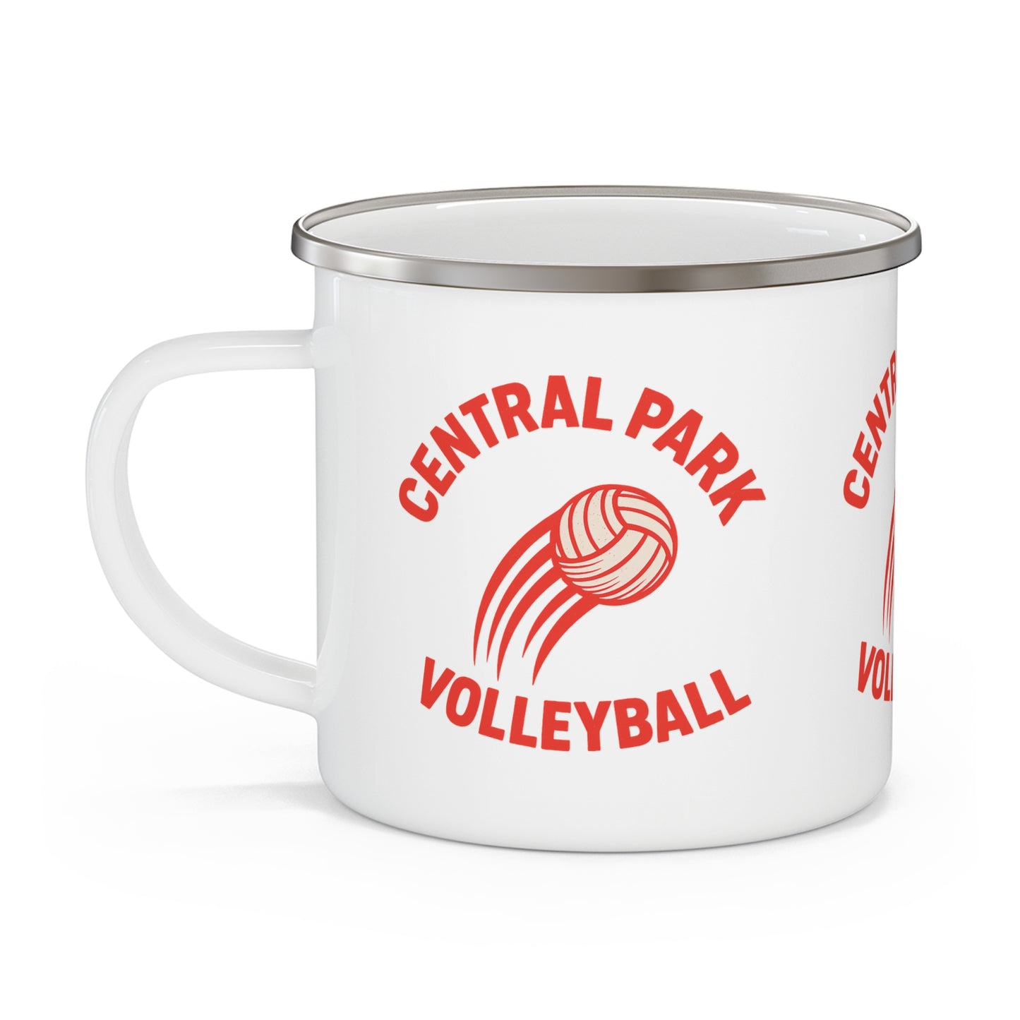 Durable enamel mug with volleyball fire design for outdoor adventures