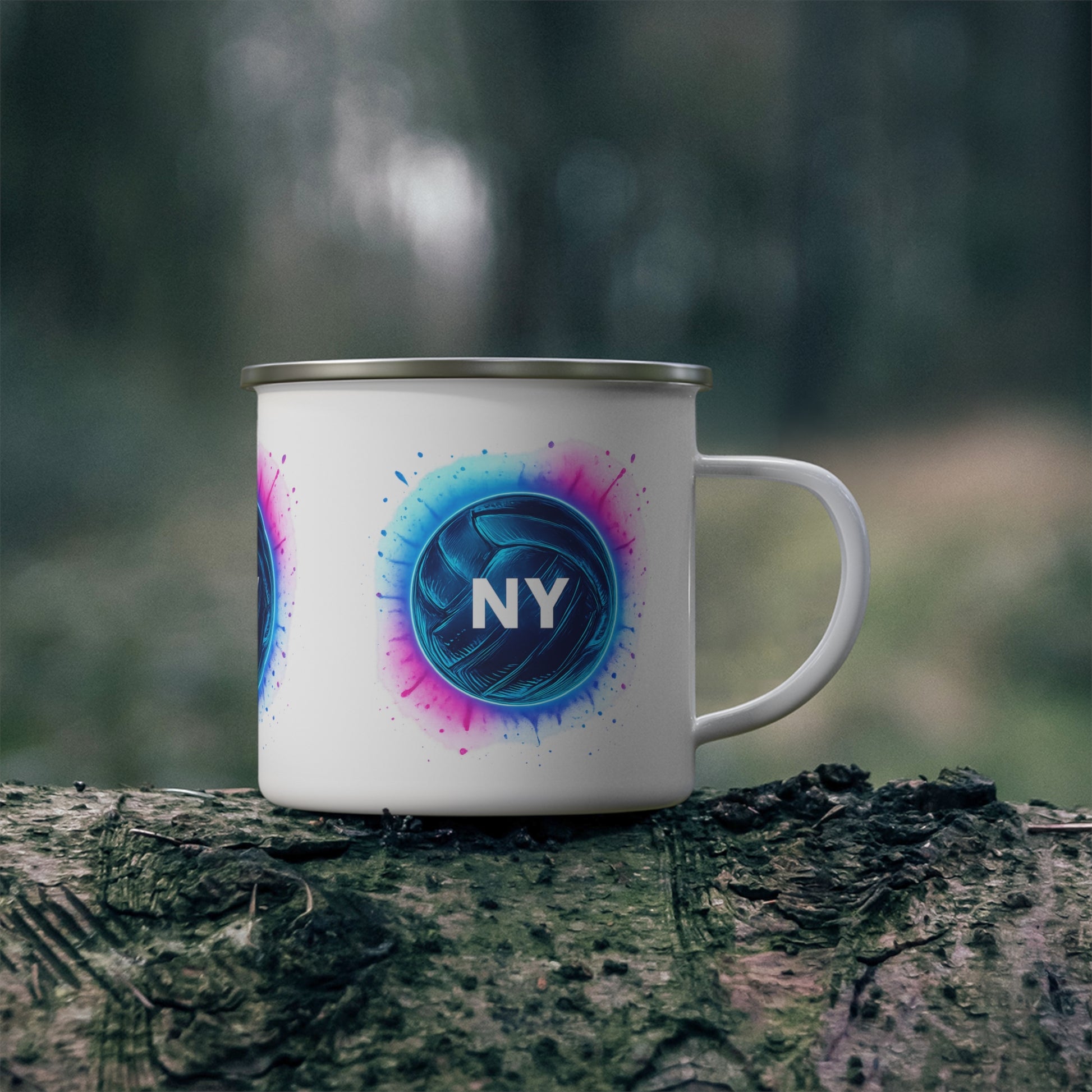 Close-up of NY volleyball logo on enamel mug