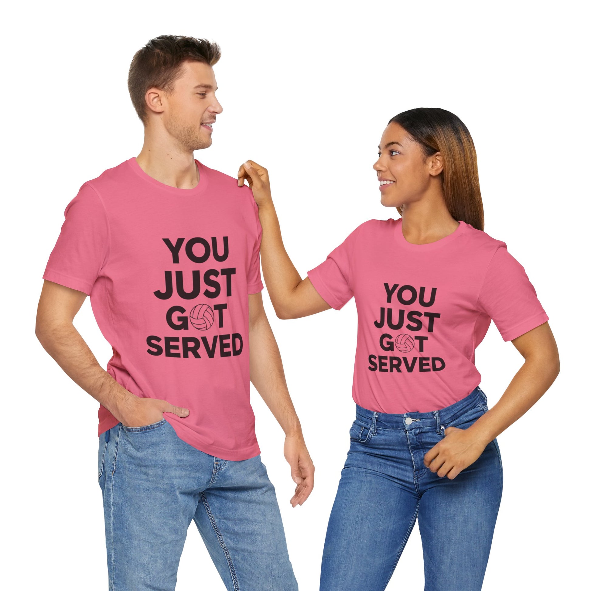 Laid-back beach scene with friends wearing You Just Got Served shirts.