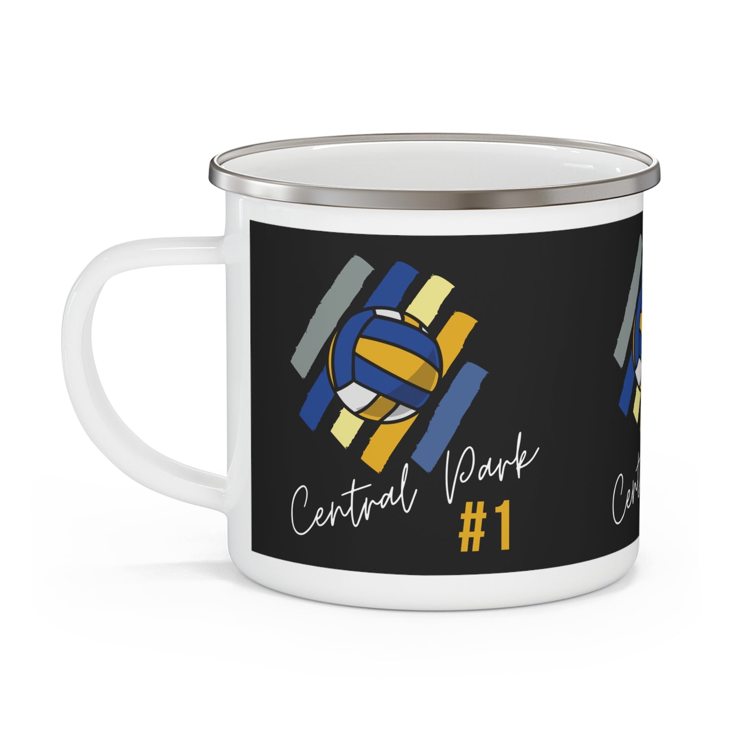 Central Park Volleyball enamel mug on outdoor table