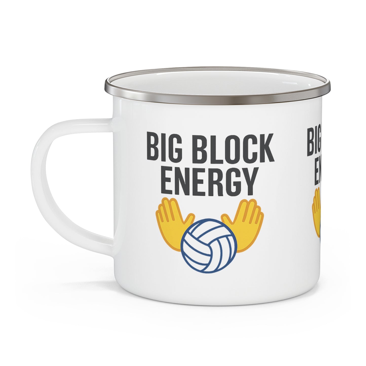 Outdoor enamel mug with bold volleyball block design