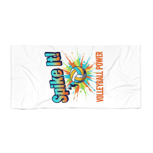 Volleyball-themed beach towel with splash design and Spike It text