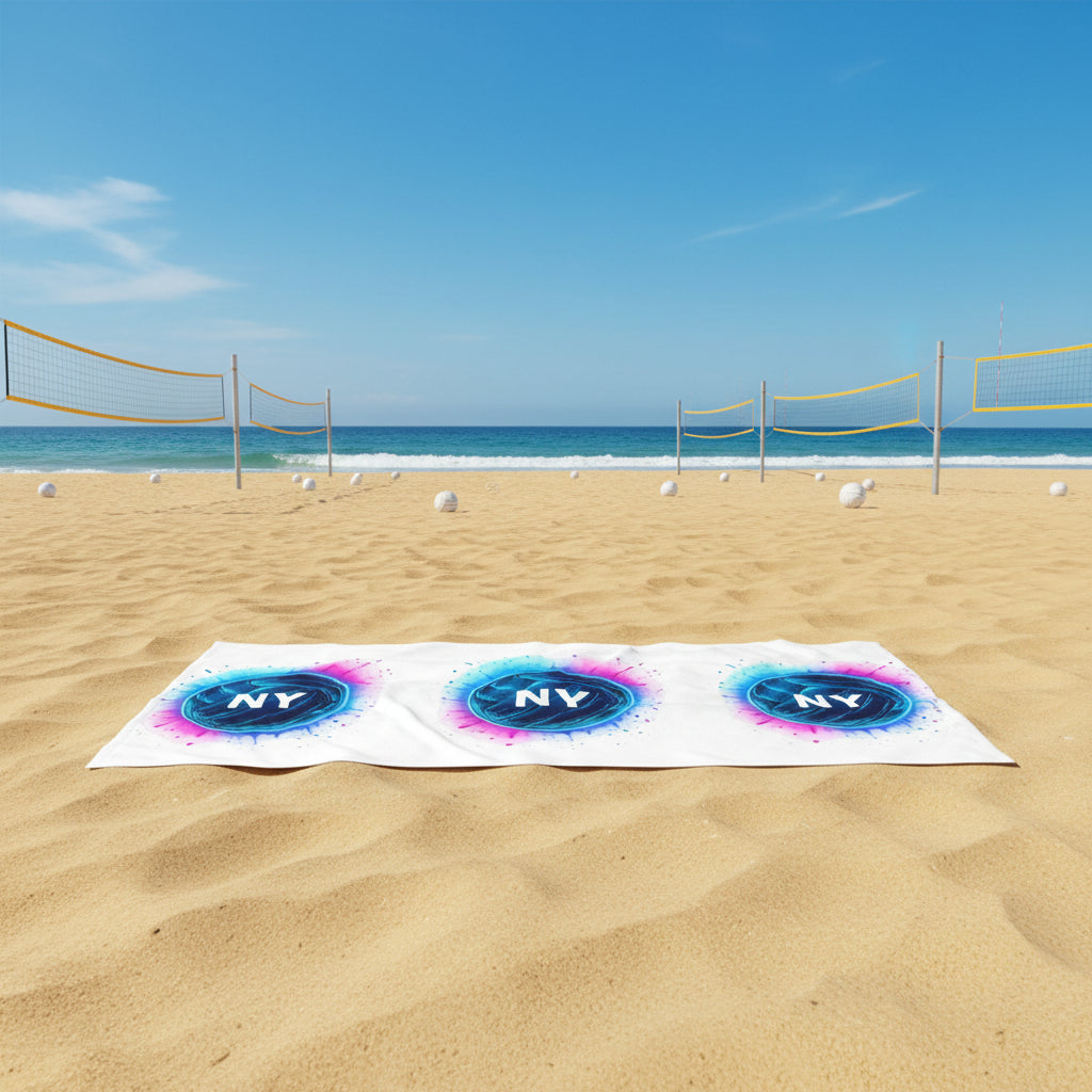 Minimalist white volleyball towel showing New York Volleyball branding.