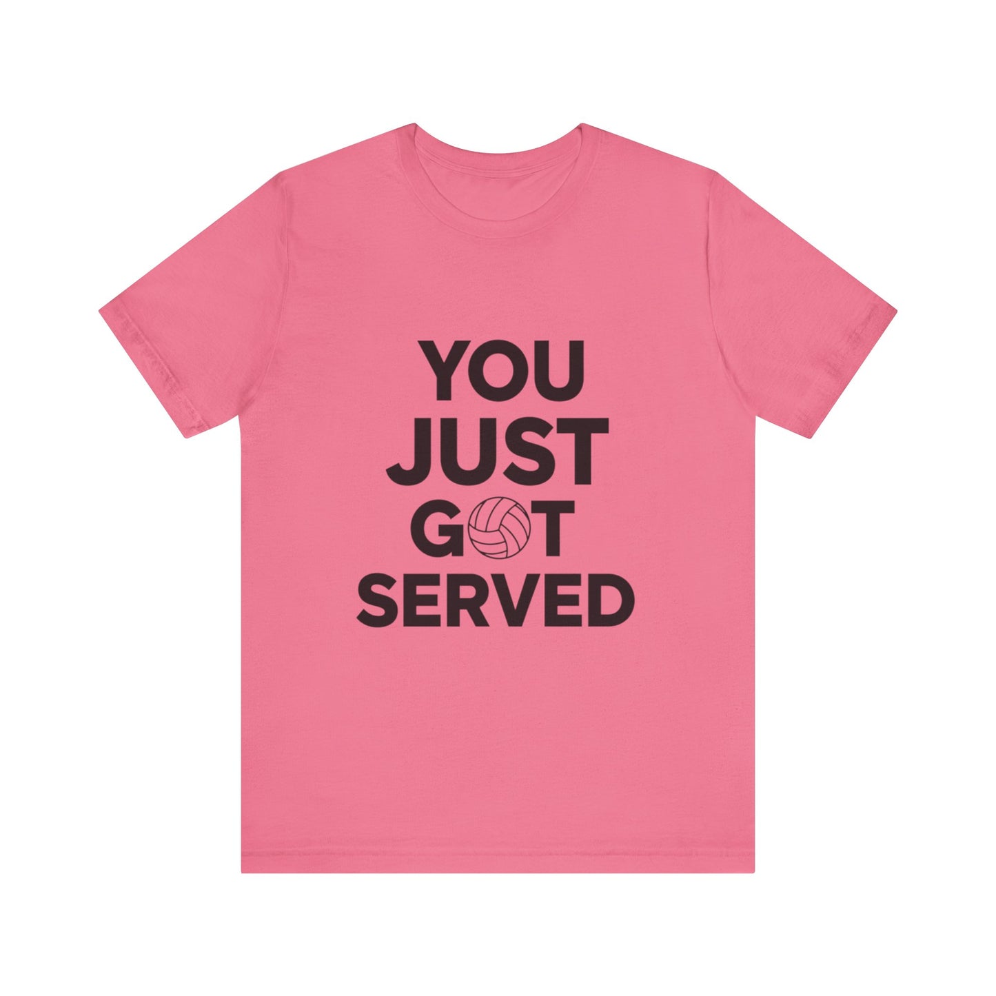Action shot of a player serving the ball in a You Just Got Served volleyball tee.