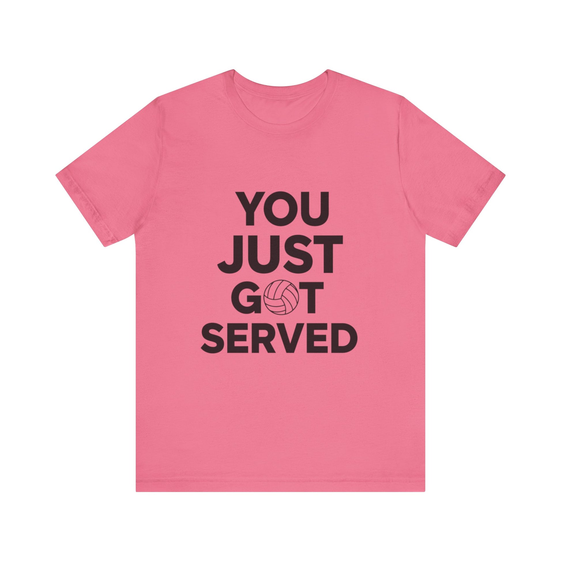 Action shot of a player serving the ball in a You Just Got Served volleyball tee.