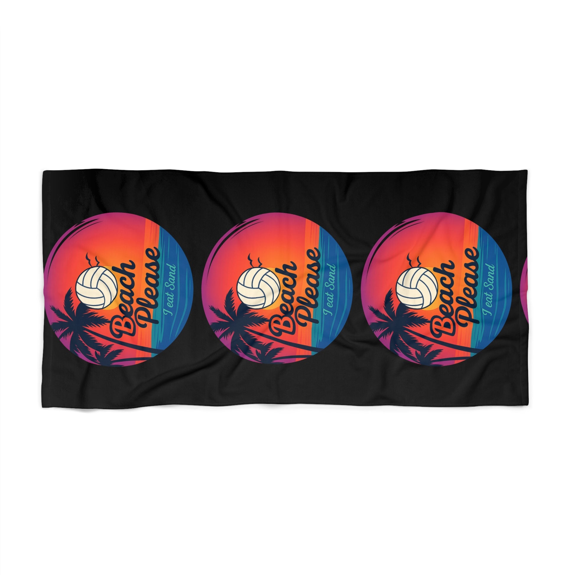 Bold βI Eat Sandβ volleyball beach towel displayed on sandy shore.