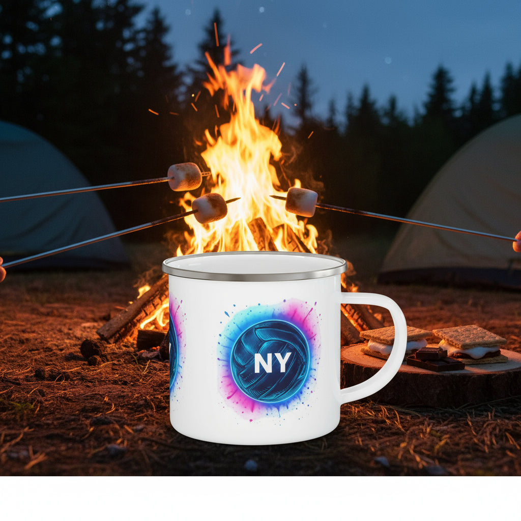 Volleyball-themed enamel mug on outdoor table
