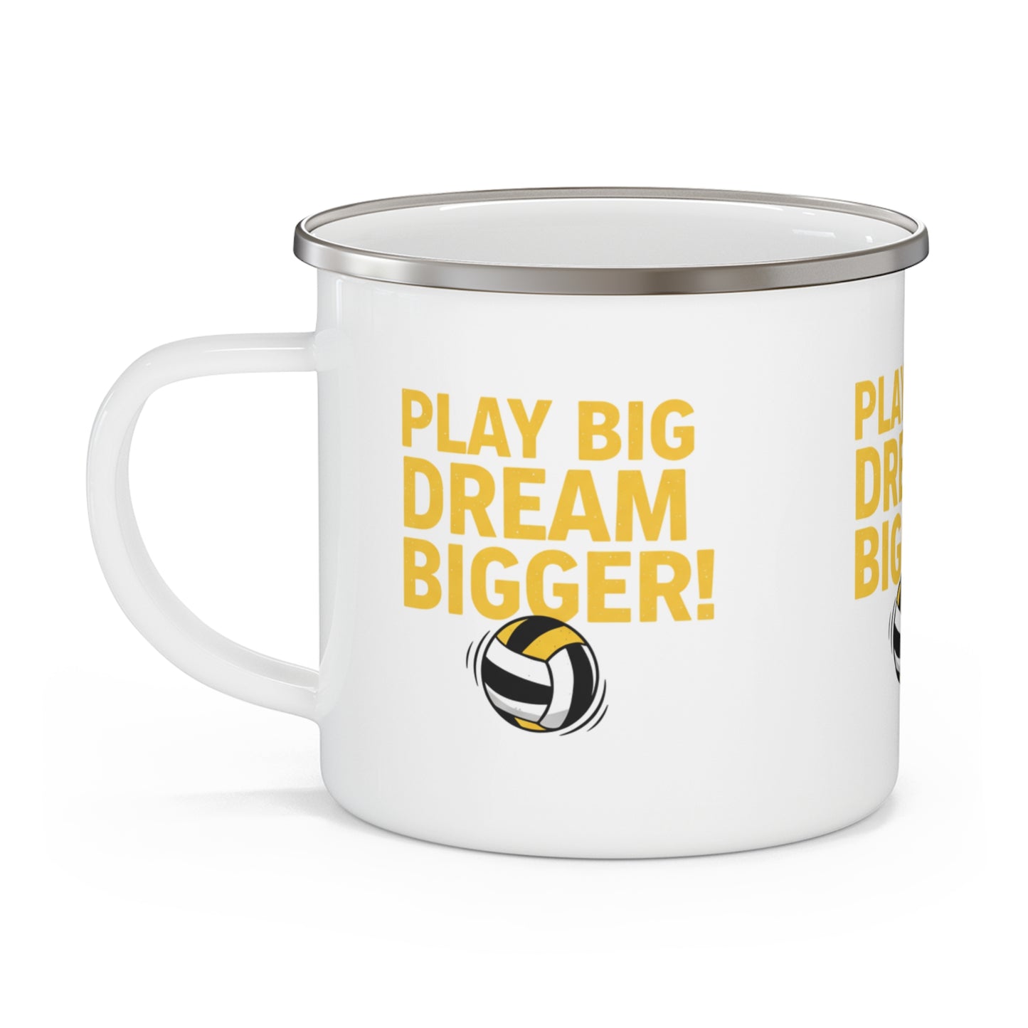 High-contrast volleyball slogan artwork on enamel drinkware