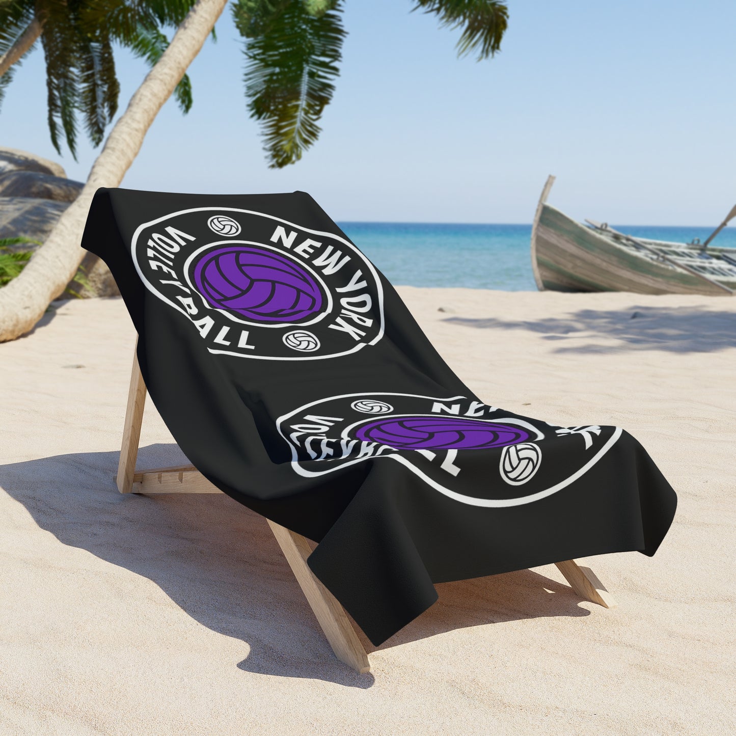 Close-up of purple volleyball design on New York Beach Towel