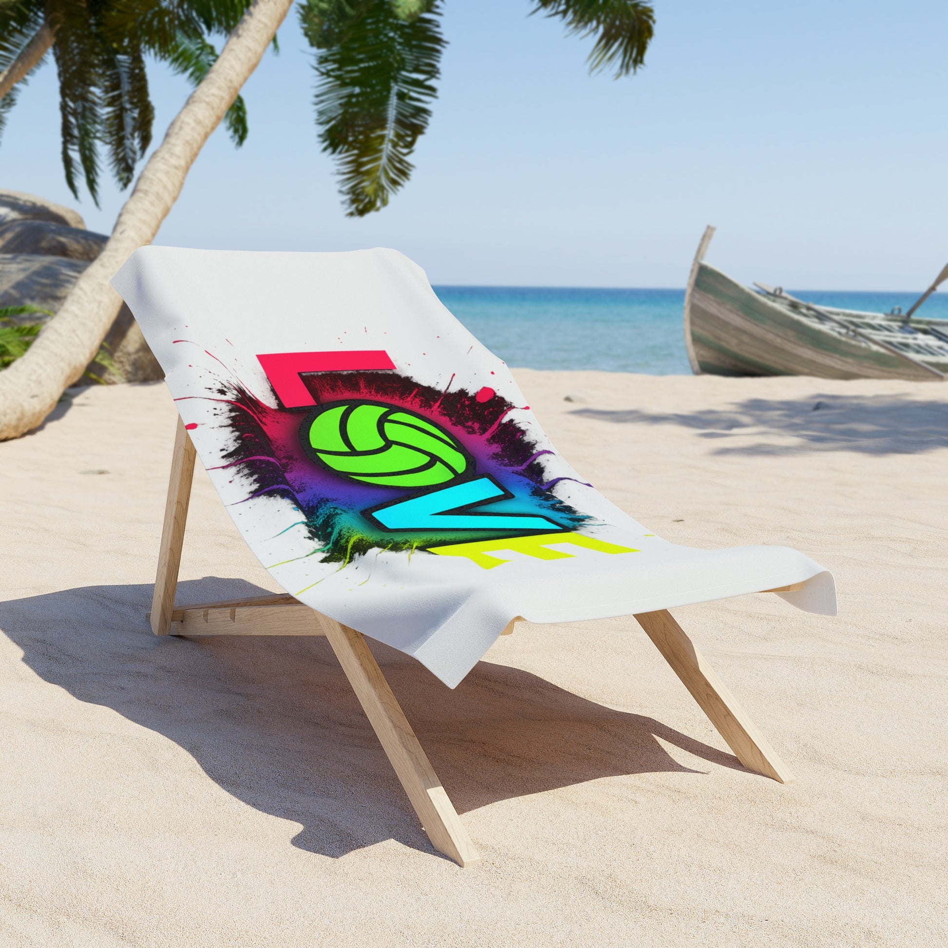White background beach towel with neon volleyball design
