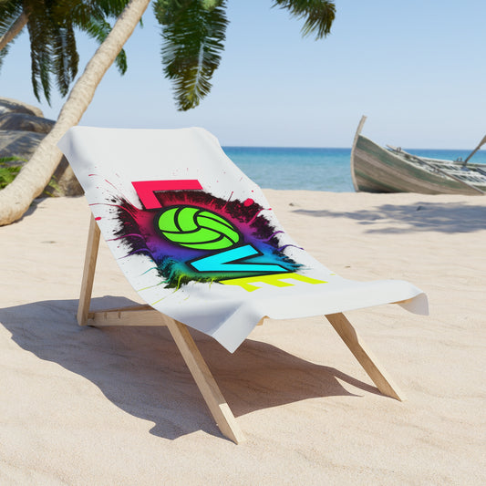 White background beach towel with neon volleyball design