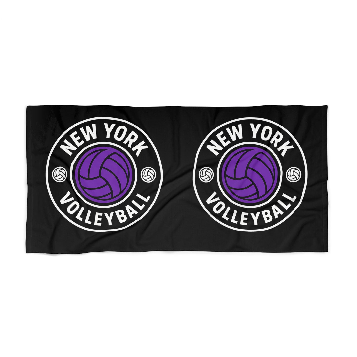 New York Volleyball Beach Towel with purple ball design on black background