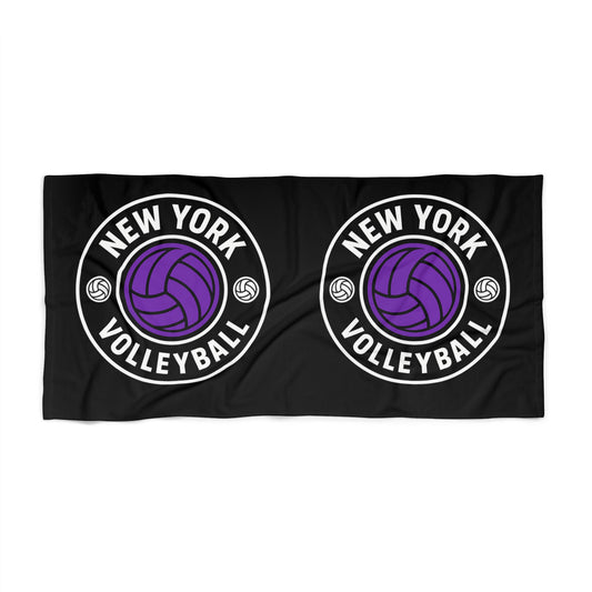 New York Volleyball Beach Towel with purple ball design on black background