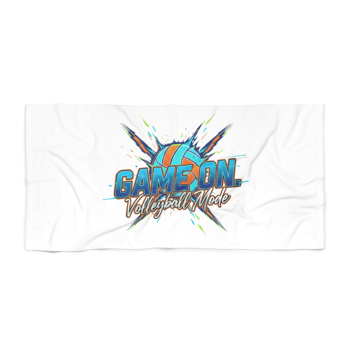 Beach towel with “Game On Volleyball Mode” design in bold letters.