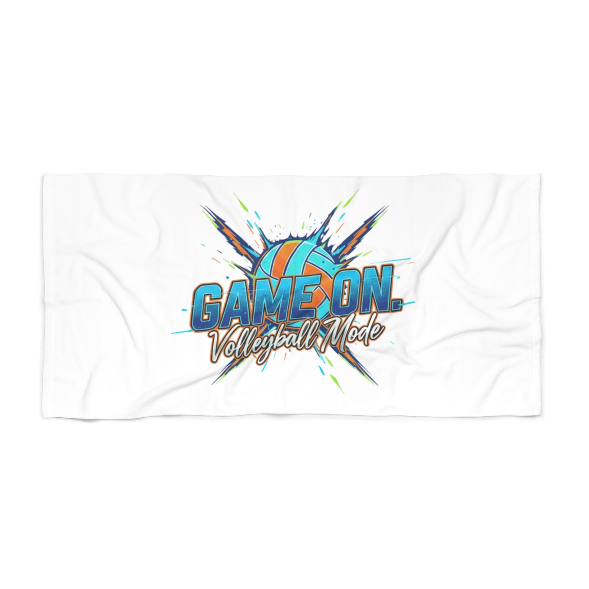 Beach towel with “Game On Volleyball Mode” design in bold letters.