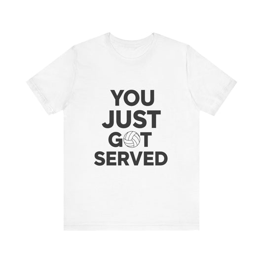 Volleyball player wearing “You Just Got Served” t-shirt on the court.