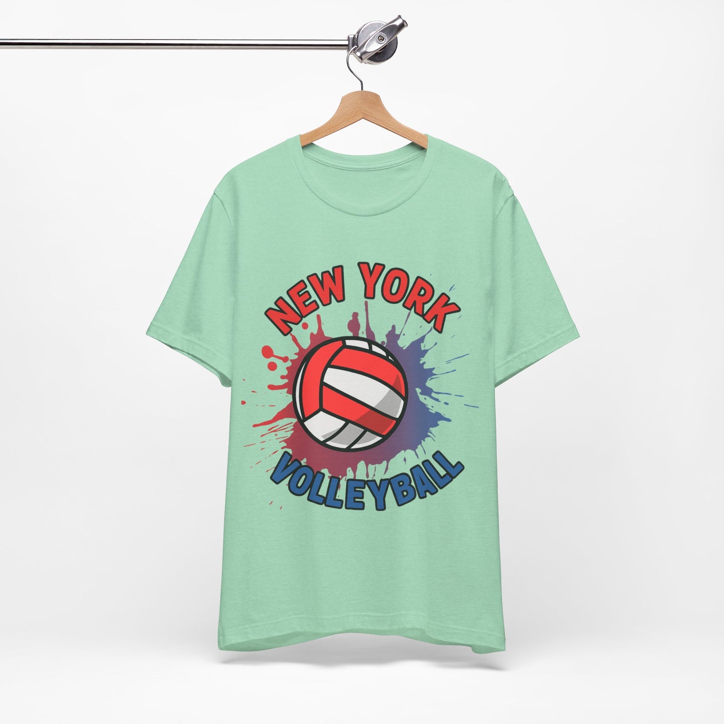 NY volleyball shirt with vibrant paint splatter effect