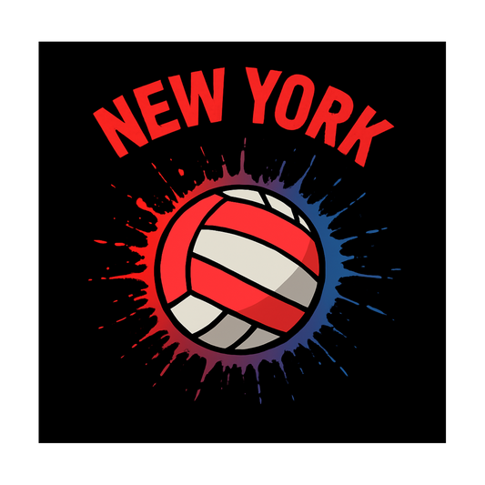 New York Volleyball graphic design featuring bold text and a volleyball illustration, symbolizing the city’s vibrant volleyball culture.