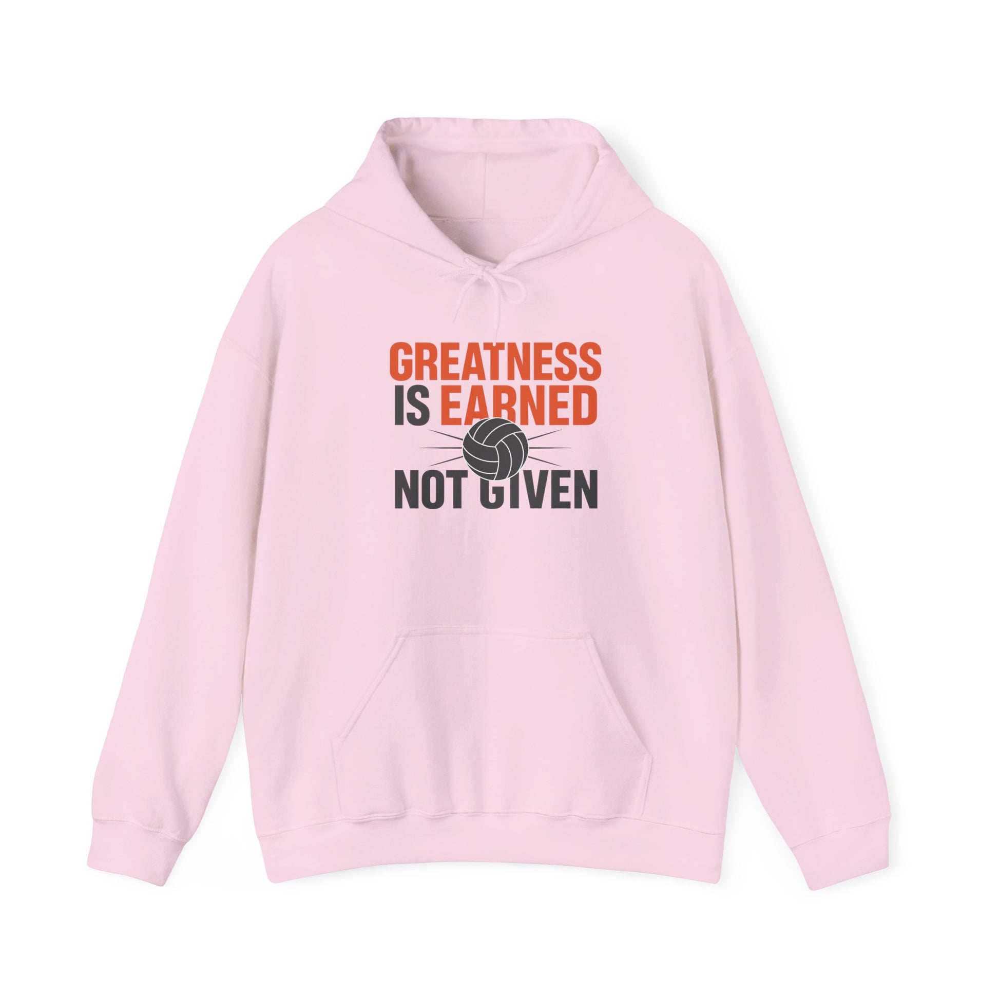 Athletic text design “Greatness Is Earned! Not Given” on hoodie front