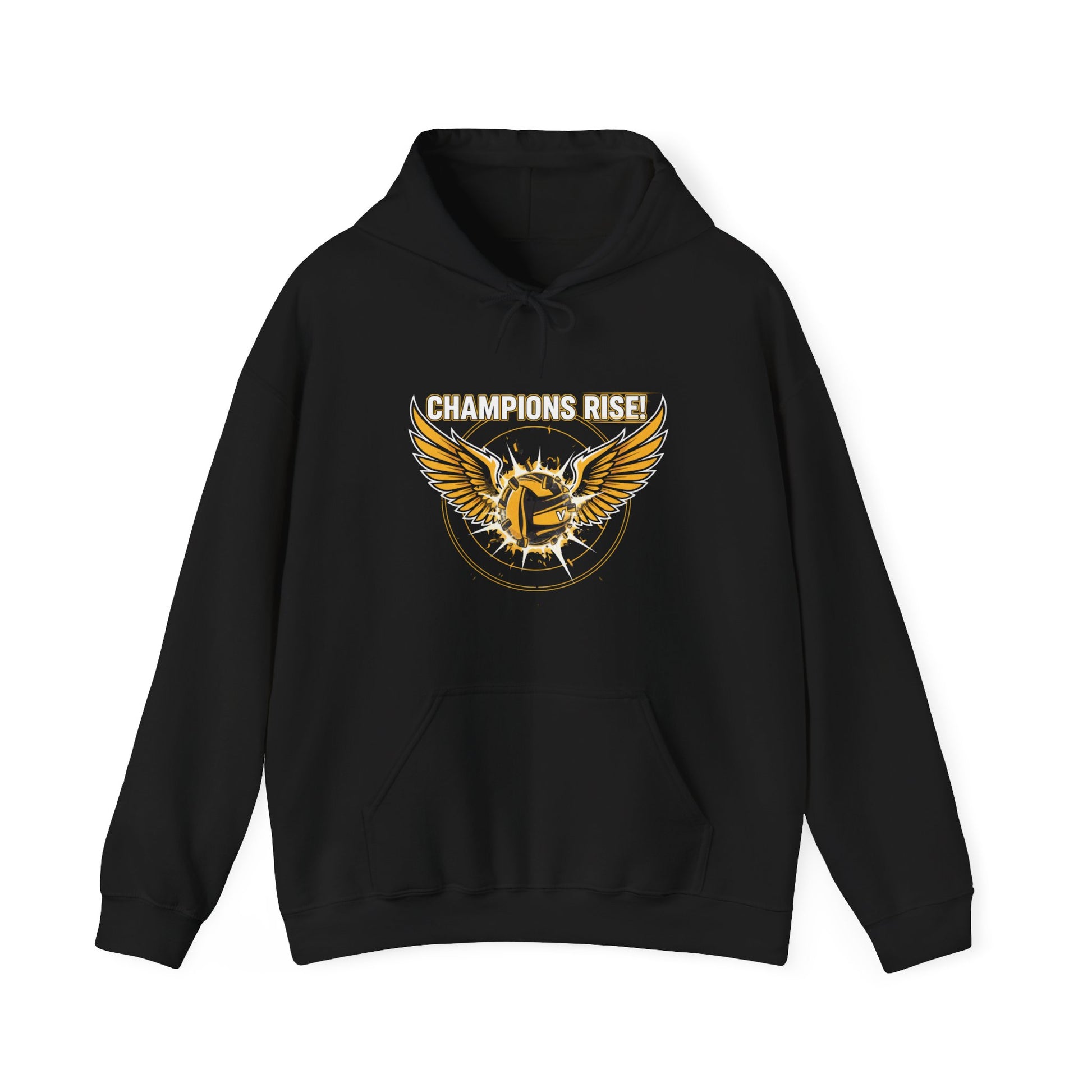 Champions Rise volleyball hoodie with winged volleyball graphic