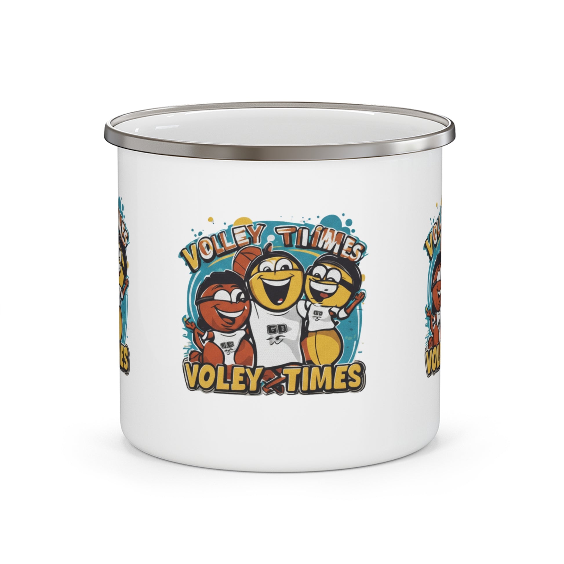 Volley Times enamel camping mug with cartoon volleyball design