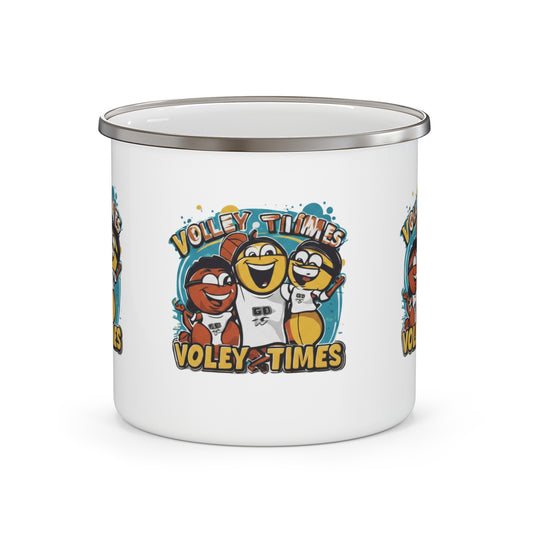 Volley Times enamel camping mug with cartoon volleyball design